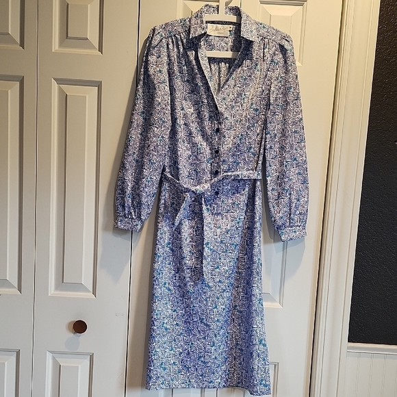 Schrader Sport Vintage Button Down Belted Dress Blue and White Women's 8 - Picture 1 of 10